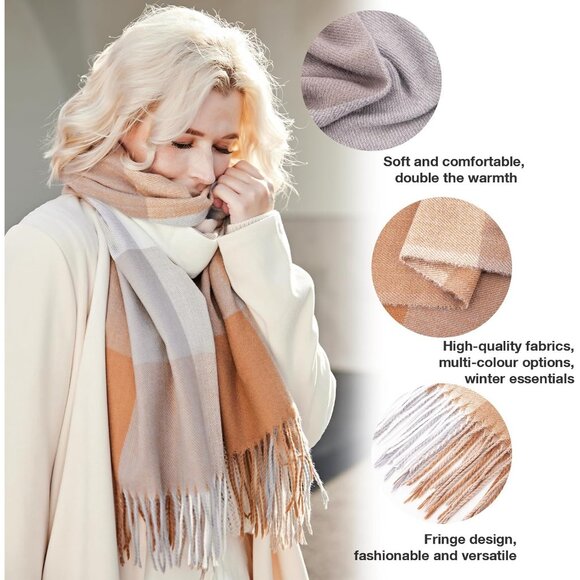 Women Light Brown Winter Warm Shawl Wraps Tartan Blanket Oversized Scarves - Picture 4 of 5
